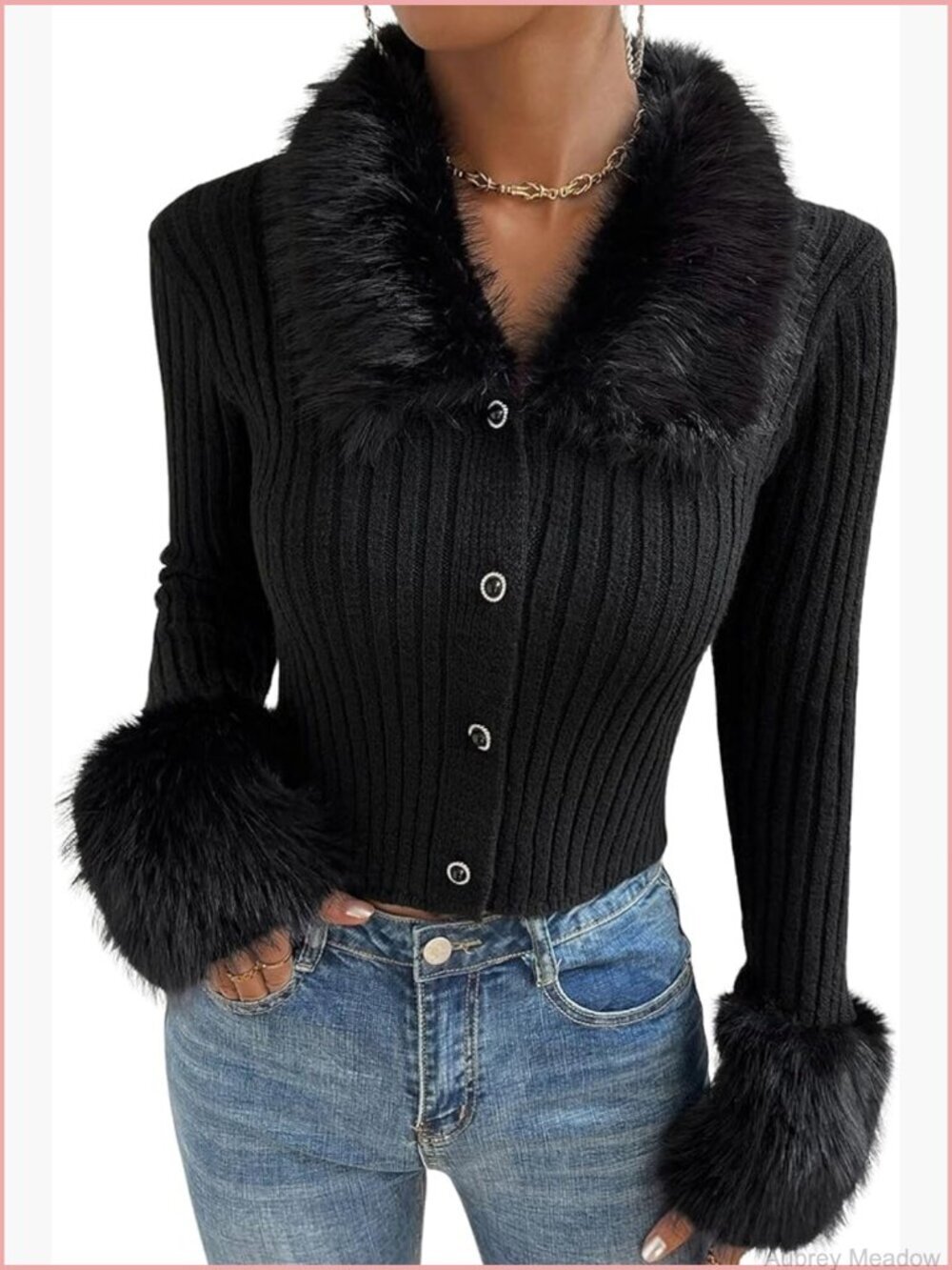 Faux Fur Trim V-Neck Slim Fit Cardigan Sweater